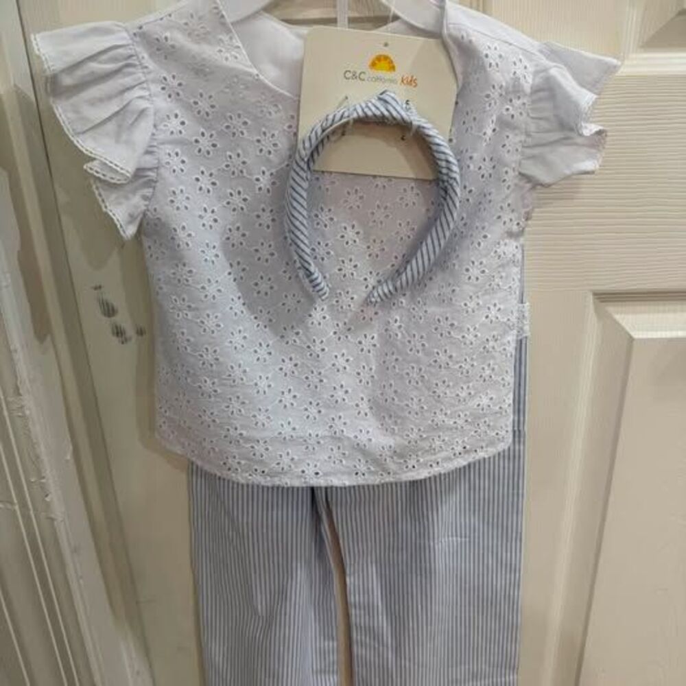 C&C California Kids 3-Piece Eyelet Top and Striped Pants Set - 5/6